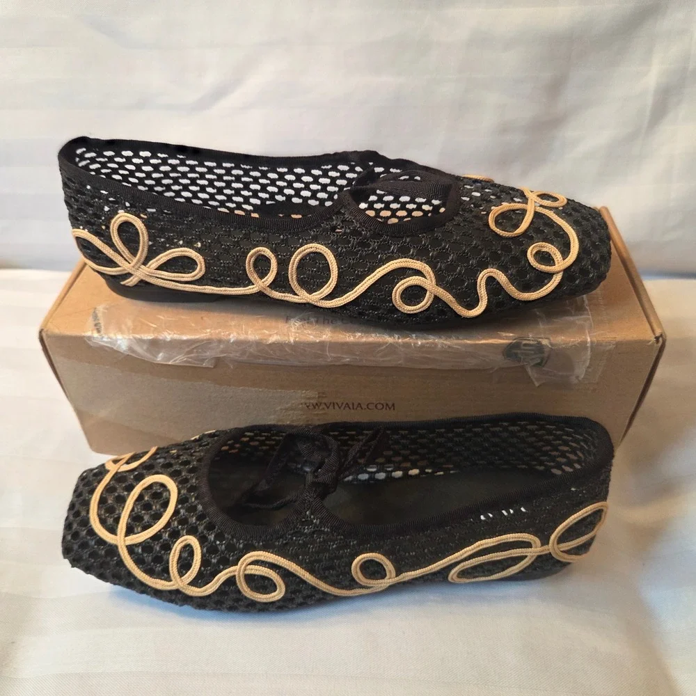 VIVAIA Makayla Black Natural Mesh Embroidered Square Toe Flats EU 39.5 US 8.5